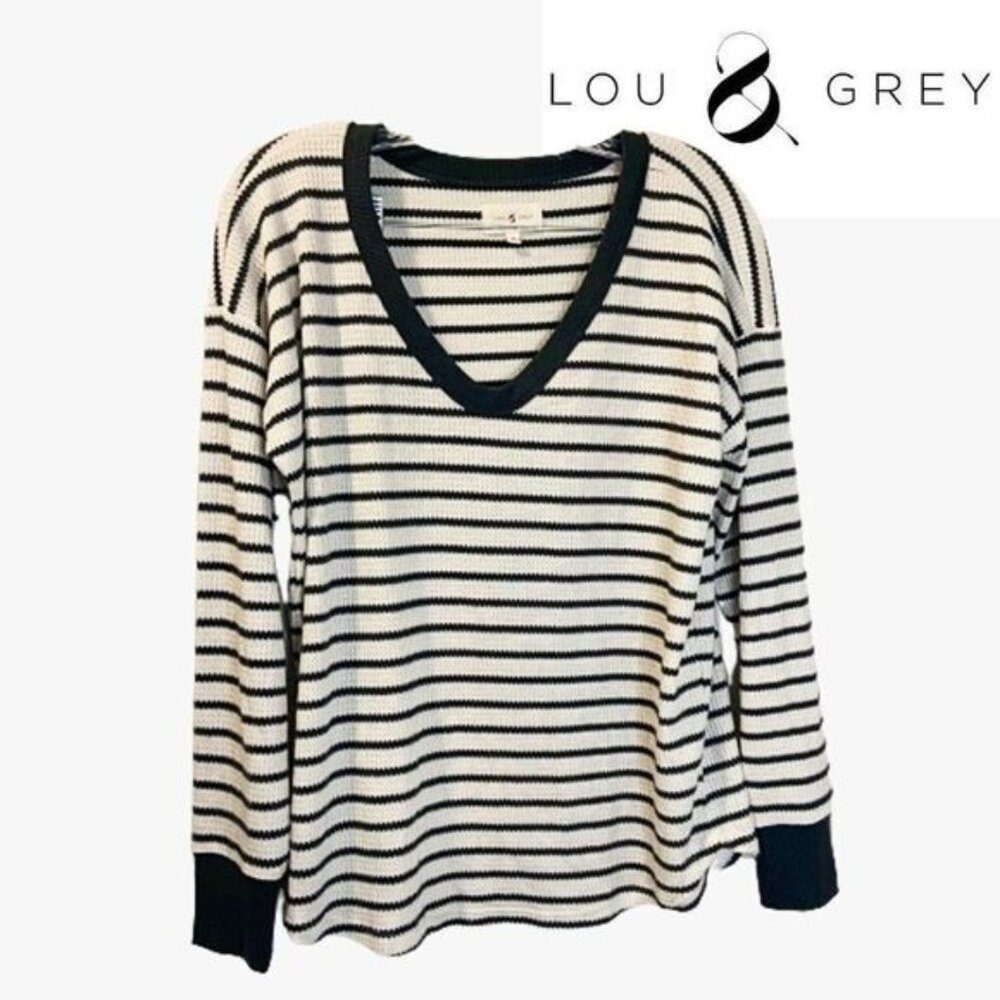 Lou & Grey Women's Long Sleeve Deep‎ V Neck Knit Striped Sweater Loose Pullover